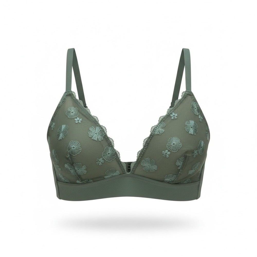 Aerie Women's Soft Padded Bra Small New Olive Green Floral Embroidered Bralette‎